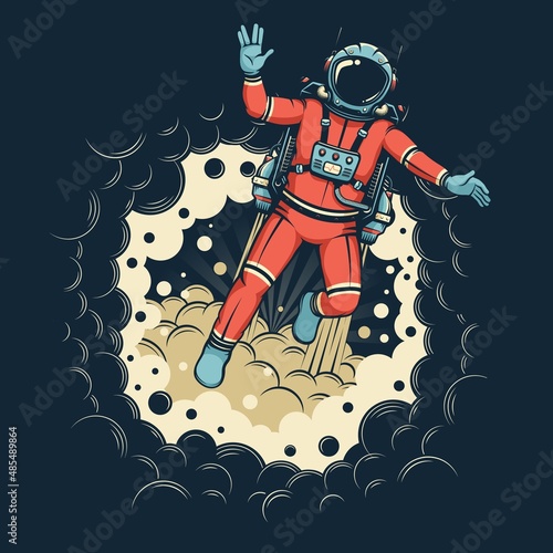 Astronaut in spacesuit with jetpack flies out of black hole - vector image. Astronaut in retro style with Vulcan salute.