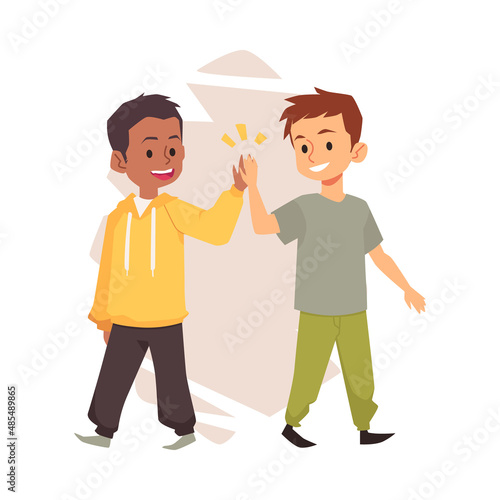 Two boys give each other high five, cartoon vector illustration. Black kid give high five to his friend.