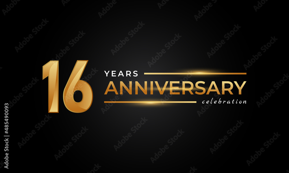 16 Year Anniversary Celebration with Shiny Golden and Silver Color for Celebration Event, Wedding, Greeting card, and Invitation Isolated on Black Background
