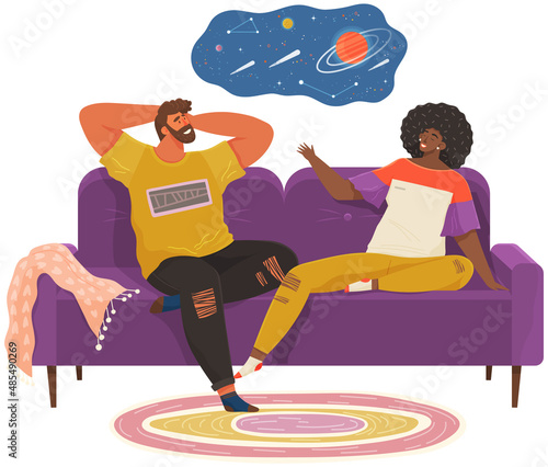 Woman and man dreaming, thinking about space, planets, dark sky and stars. Young couple relax, fantasize and sit on couch on white background at home. Happy people smile and dream of constellations