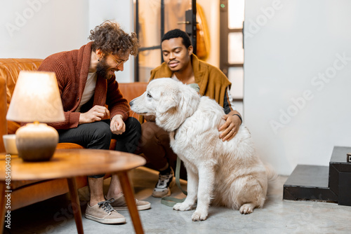 Men care their huge white dog at cozy home. Concept of homosexual relations and lifestyle at home. Idea of multinational gay families