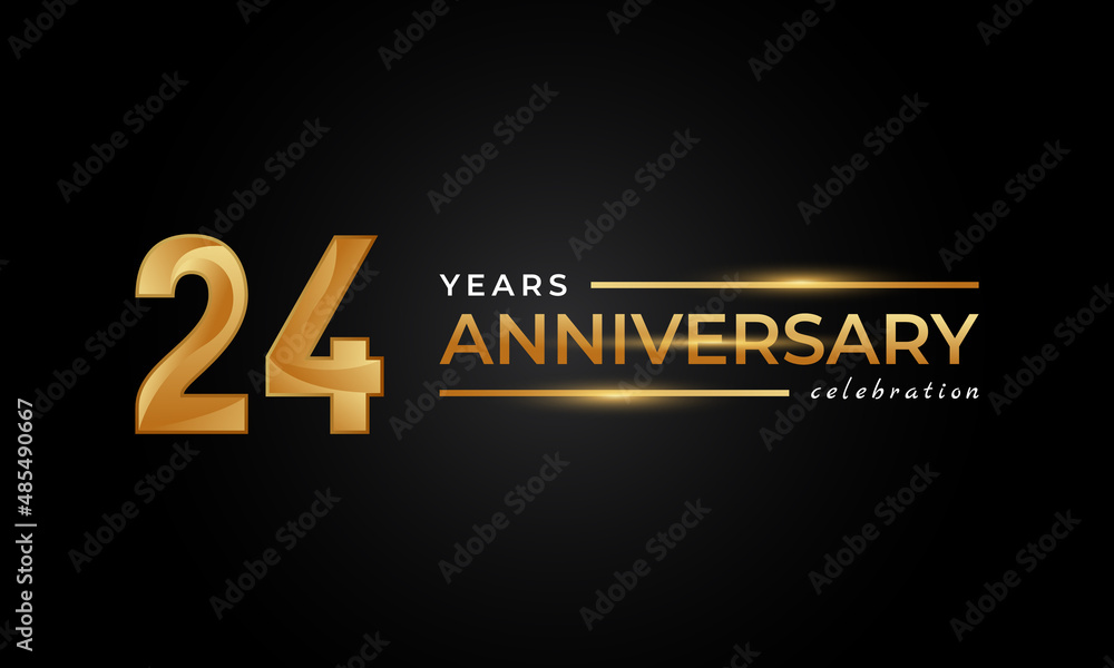 24 Year Anniversary Celebration with Shiny Golden and Silver Color for Celebration Event, Wedding, Greeting card, and Invitation Isolated on Black Background