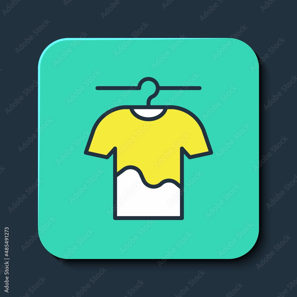 Obraz premium Filled outline Drying clothes icon isolated on blue background. Clean shirt. Wash clothes on a rope with clothespins. Clothing care and tidiness. Turquoise square button. Vector