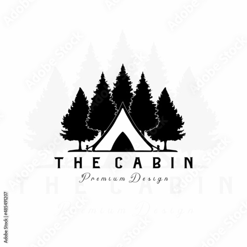 cabin cottage logo vector illustration adventure design minimalist travel business nature vintage tourism forest recreation resort hill mountain tree wood wild line art monoline modern photo