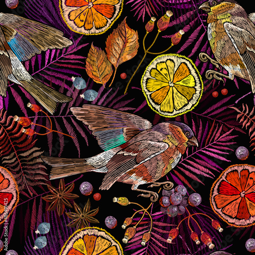 Embroidery lemon slice, birds, berries and autumn tropical leaves. Template of clothes, tapestry, t-shirt design. Fashion seamless pattern