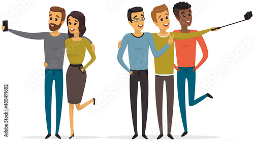 Group of people taking selfie photo with smartphone. Young characters having fun and making selfie. Friendship, relationship and technology concept. Couple with phone on monopod making photo