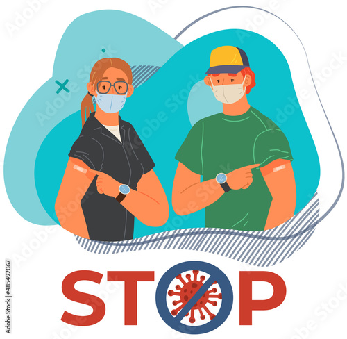 Stop coronavirus agitation concept. Vaccination promo, immunization of workers. Vaccine saves lives. People wearing protective mask showing their arm with bandage after receiving covid-19 vaccine