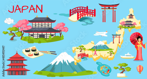 Travel Japan infographic, Japan lettering and famous landmarks. Discover East Asia concept. Japan landscape flat cartoon illustration. Beautiful mountain, forest, ancient building banner design