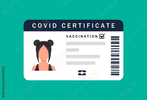 Female covid certificate. Vaccine card symbol. Medical card passport vaccination certificate. Vector symbol
