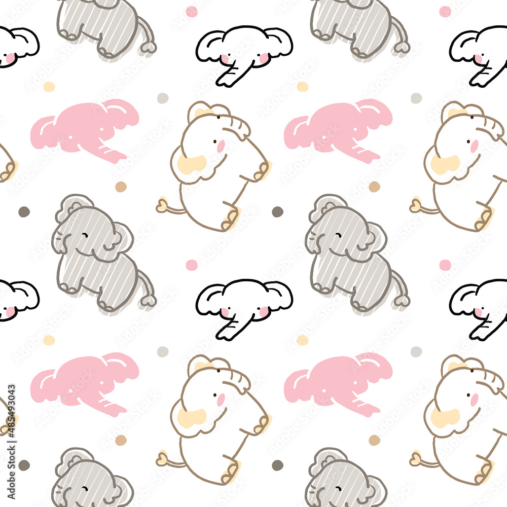 Seamless Pattern with Cartoon Elephant Design on White Background Seamless Pattern with Cartoon Elephant Design on White Background
