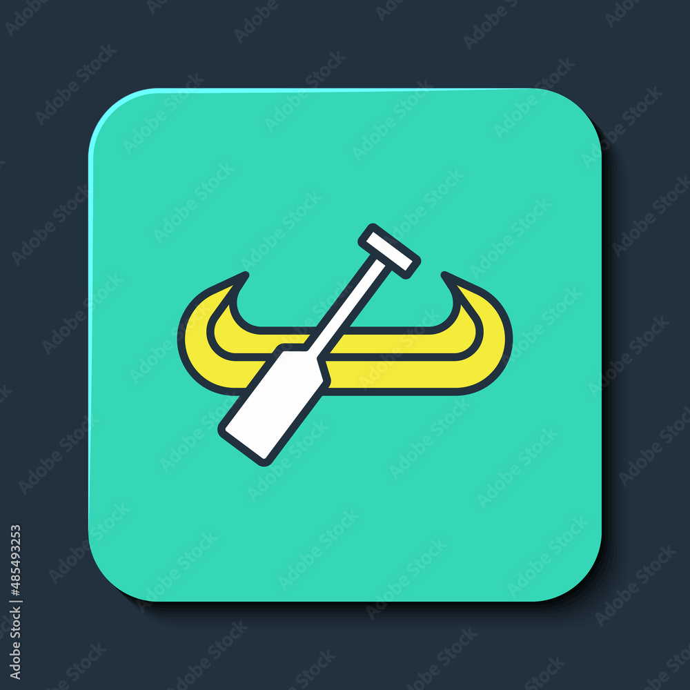 Filled outline Kayak and paddle icon isolated on blue background. Kayak and canoe for fishing and tourism. Outdoor activities. Turquoise square button. Vector Filled outline Kayak and paddle icon isolated on blue background. Kayak and canoe for fishing and tourism. Outdoor activities. Turquoise square button. Vector