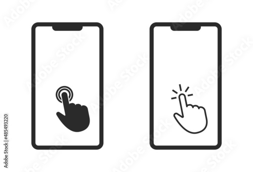Touch screen icon. Smartphone with hand click. Vector illustration. Click symbol