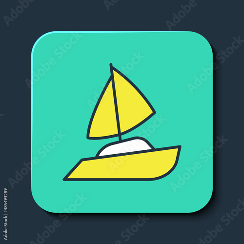 Filled outline Yacht sailboat or sailing ship icon isolated on blue background. Sail boat marine cruise travel. Turquoise square button. Vector