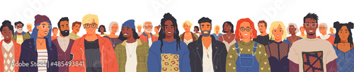 Portrait of diverse multiracial and multicultural group of people isolated on white background. Happy old and young men, women and children standing together. Social diversity, community members