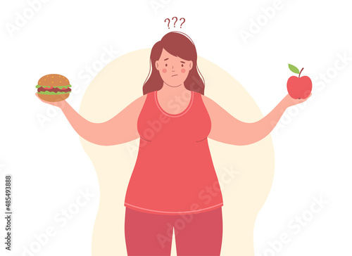 Overweight woman makes choice between healthy and unhealthy food. Woman holds an apple one hand and burger in another. Weight loss and healthy food concept.