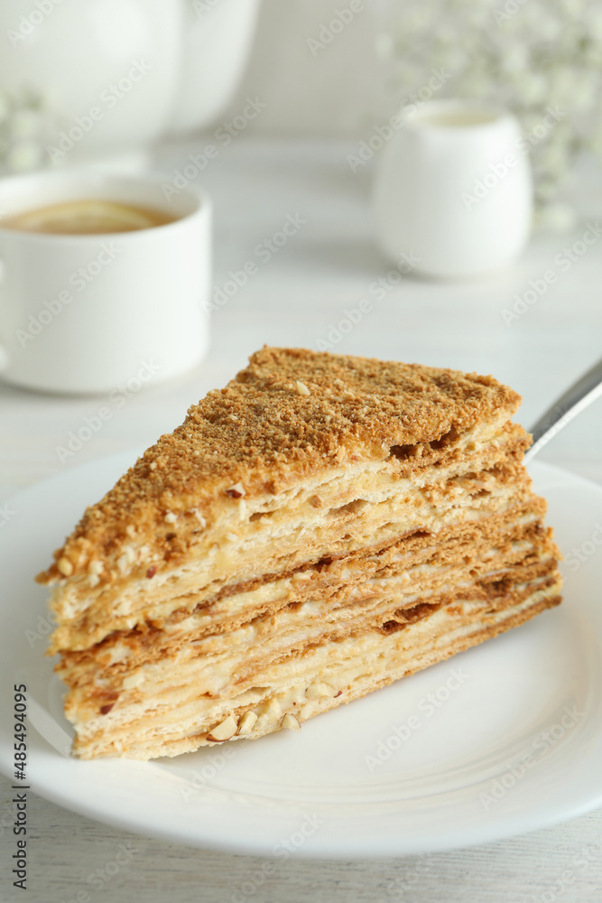 Concept of tasty dessert with honey cake, close up Concept of tasty dessert with honey cake, close up