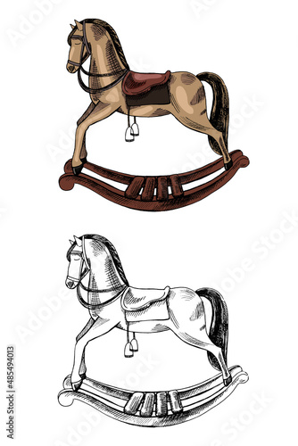 A hand-drawn ink sketch of  a vintage wooden baby rocking horse. Outline  vintage vector illustration.   Vintage sketch element for labels, packaging and cards design.