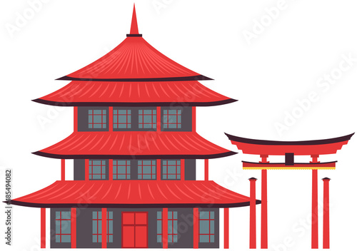 Asian or Chinese building or temple in traditional style isolated on white background. Traditional asian construction pagoda ancient house cultural architecture object. Palace roof bent up corner