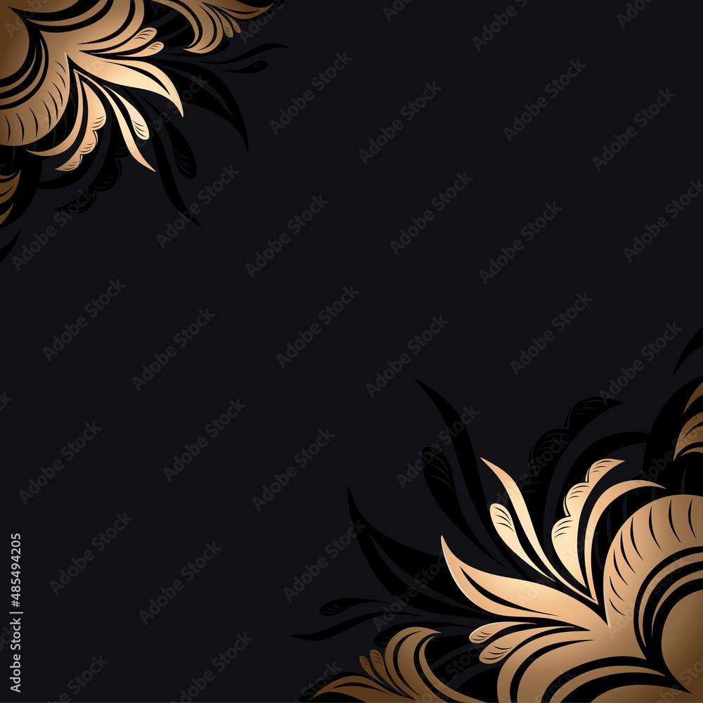 Black background with elegant stylized golden flowers in the corners, a template for covers, postcards, congratulations, invitations to events, advertising in fashion, cosmetology, floristry. Vector