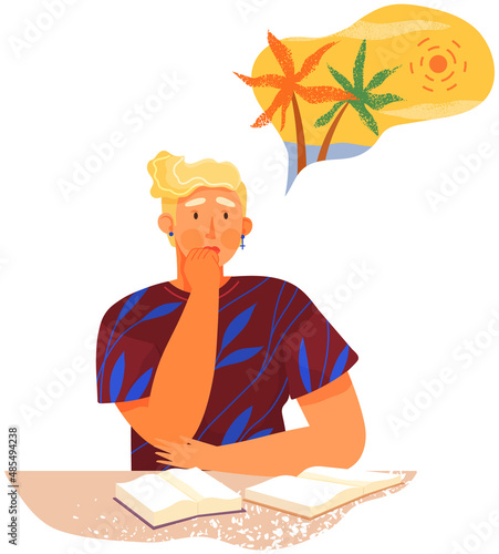 Male character doing work and dreaming about resort, summer recreation, vacation, nature. Development of creative thinking, imagination concept. Man thinks about rest, wants to relax on beach
