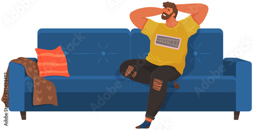 Man lying on sofa in apartment. Happy young guy relaxing, dreaming. Rest on couch and think about something. Home leisure. Male character lies on divan and smiles, enjoying time at home after work
