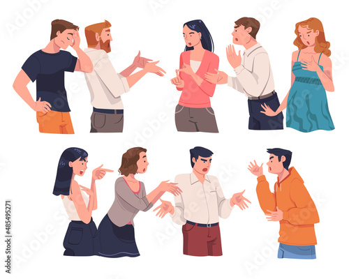 Angry Man and Woman Arguing Having Conflict with Each Other Vector Set