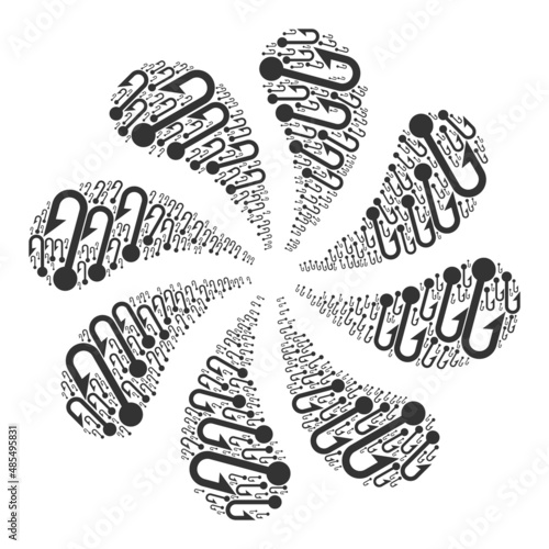 Hook icon rotation cluster turbine salute shape. Turbine cycle composed using scattered hook symbols.