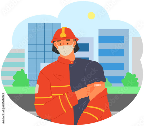 Stop coronavirus agitation concept. Vaccination promo, immunization of workers. Vaccine saves lives. People wearing protective mask showing their arm with bandage after receiving covid-19 vaccine