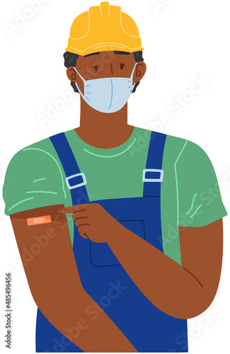 Stop coronavirus agitation concept. Vaccination promo, immunization of workers. Vaccine saves lives. People wearing protective mask showing their arm with bandage after receiving covid-19 vaccine