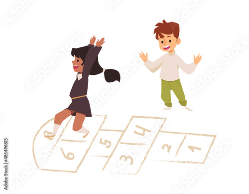 Hopscotch child game, cartoon vector illustration. Girl jump while playing hop scotch playground game, isolated.