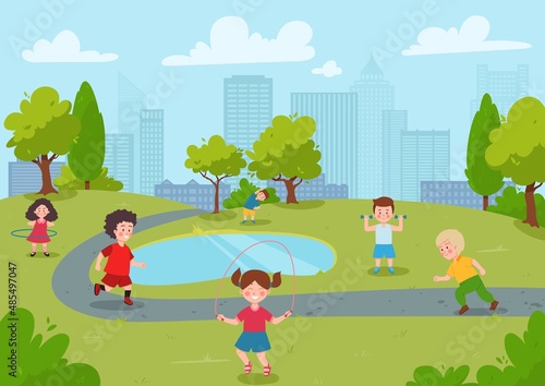 Children doing sport workout in city park  cartoon flat vector illustration.