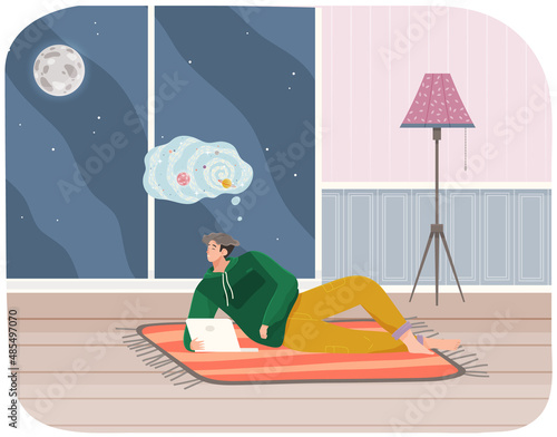 Man lying on couch with computer, holding laptop and correspondence surfing in Internet. Male character communicating with friends, studying remotely, sitting on floor, relaxing, resting after work