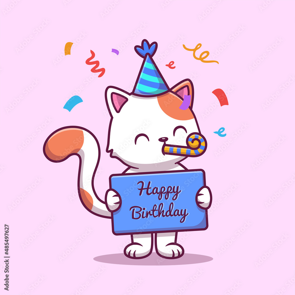 Cute Birthday Cat With Confetti Cartoon Vector Icon Illustration ...