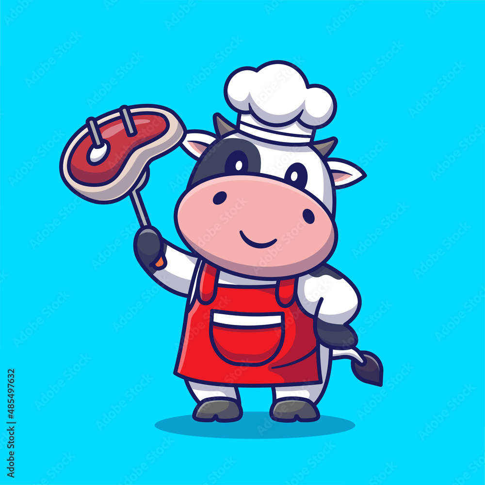 Cute Chef Cow Grill Meat Cartoon Vector Icon Illustration. Animal Food Icon Concept Isolated Premium Vector. Flat Cartoon Style 