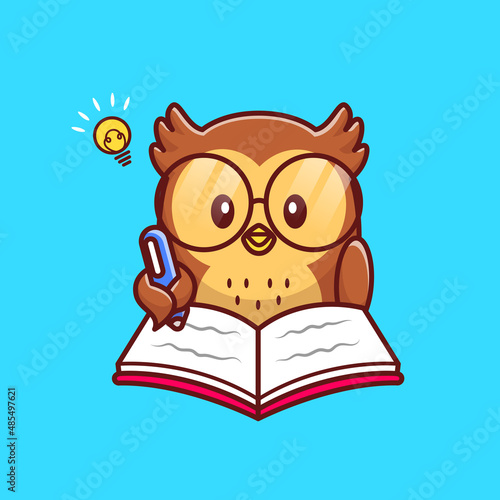 Cute Owl Writing On Book With Pen Cartoon Vector Icon Illustration. Animal Education Icon Concept Isolated Premium Vector. Flat Cartoon Style