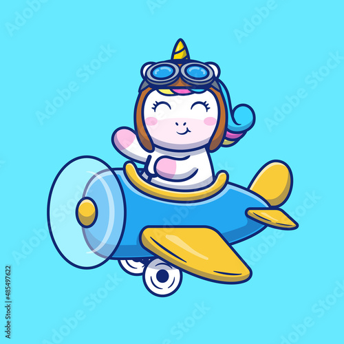Cute Unicorn Riding Air Plane Cartoon Vector Icon Illustration. Animal Transportation Icon Concept Isolated Premium Vector. Flat Cartoon Style 