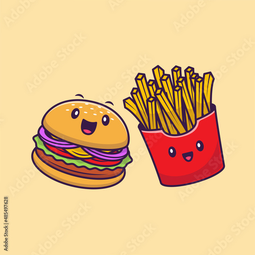 Cute Burger And French Fries Cartoon Vector Icon Illustration. Fast Food Character Icon Concept Isolated Premium Vector. Flat Cartoon Style 