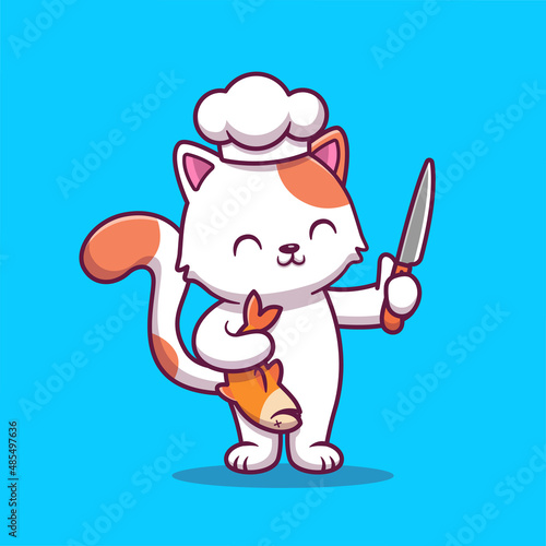 Cute Chef Cat Holding Fish And Knife Cartoon Vector Icon Illustration. Food Animal Food Icon Concept Isolated Premium Vector. Flat Cartoon Style 