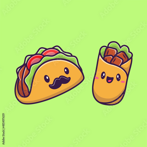 Cute Taco And Burrito Food Cartoon Vector Icon Illustration. Fast Food Character Icon Concept Isolated Premium Vector. Flat Cartoon Style 