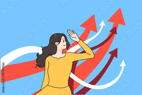 Happy woman look up in bright future dream of good career or life opportunities. Smiling girl hope for best choice or option, imagine goal achievement or accomplishment. Vector illustration. 