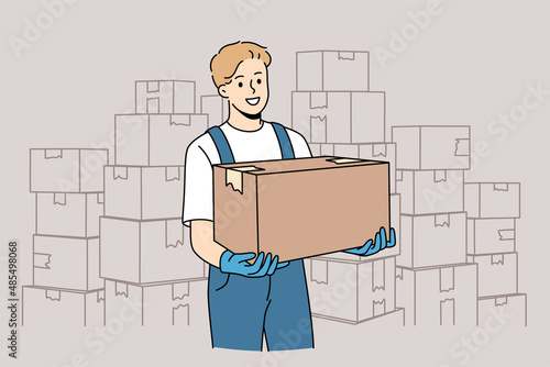 Parcel delivery and post service concept. Smiling man worker in uniform standing with heap of parcels boxes delivery transportation carrying to customer vector illustration 