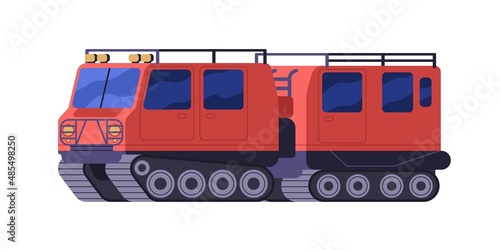 Arctic auto transport. Big Antarctic machine for ice and snow travel. Huge car with wheels, caterpillar for North pole, Antractica exploration. Flat vector illustration isolated on white background