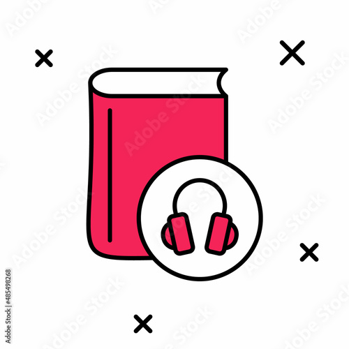Filled outline Audio book icon isolated on white background. Book with headphones. Audio guide sign. Online learning concept. Vector