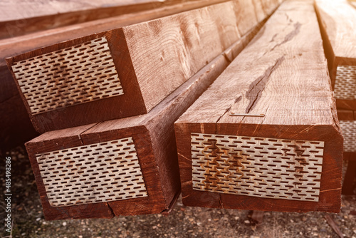 Stacked railway sleepers closeup