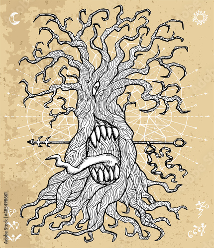 Mystic fantasy tree line art vector illustration with occult and esoteric symbols against texture background