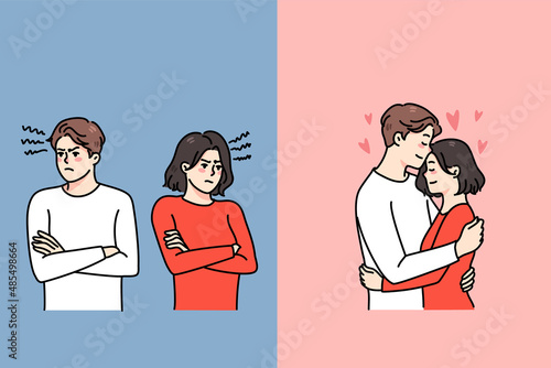 Young couple fight and love. Man and woman hug and cuddle or quarrel and ignore. Lover relationship problems. Marriage and relations trouble. Counseling help. Vector illustration.  photo