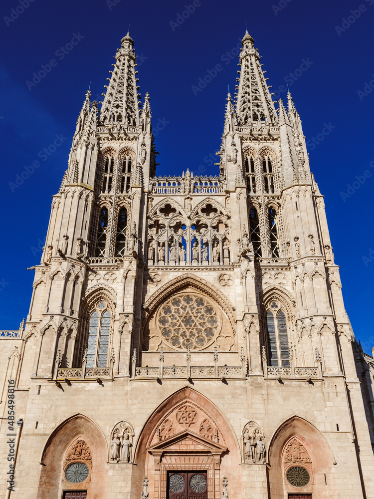 Low angle view of Burgos Cathedral Santa María facade famous monument in Spain built in 13th century 