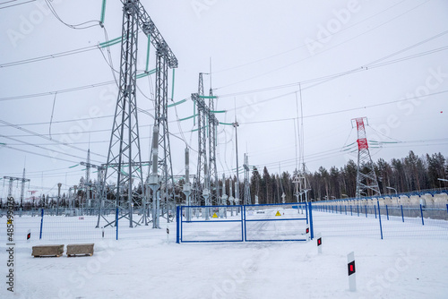Energy. High voltage wires. Power lines. Electricity. View from above. Electrics. Electric station. Electrical substation. © kareliatim