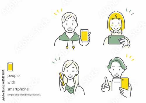 スマホを快適に使う若い女性と男性　シンプルでお洒落な線画イラスト