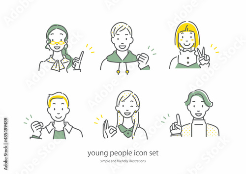 若い女性と男性のポジティブなイラストセット　シンプルでお洒落な線画イラスト